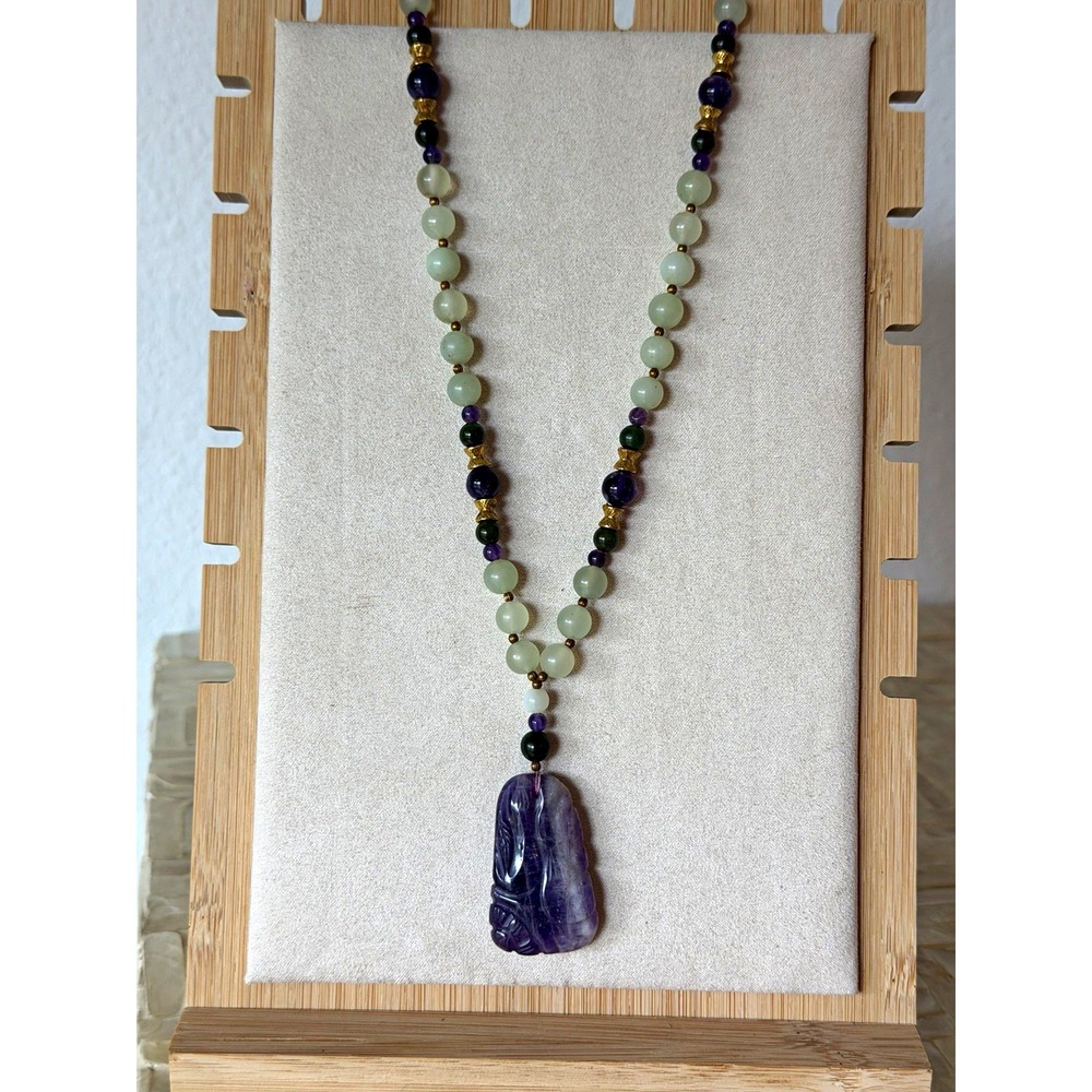 Vintage Carved Amethyst Pendant and Jade Beaded Necklace